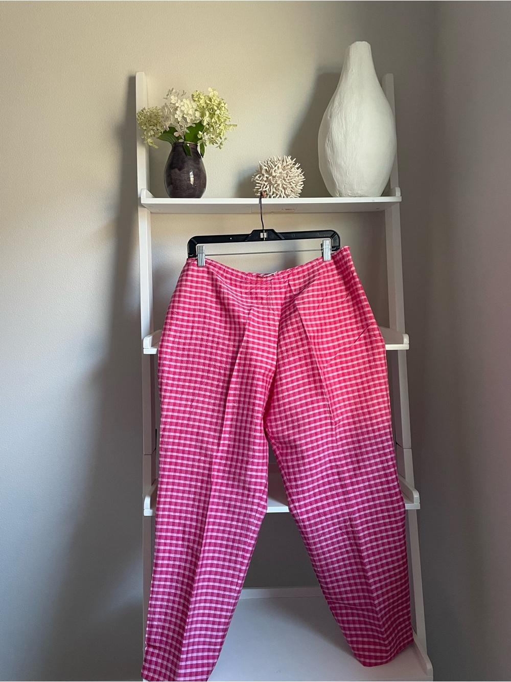LOFT Pink Gingham 100 Percent Silk Casual Pants